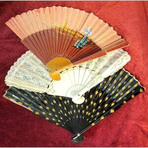 Spanish Hand Fans Lace and Paper, Painted and Decorative Vintage Set of 3 CT336